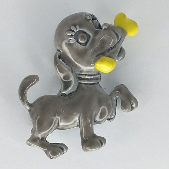 Vtg Gray Prancing Puppy Dog with Bone Enamel Brooch - Picture 1 of 8